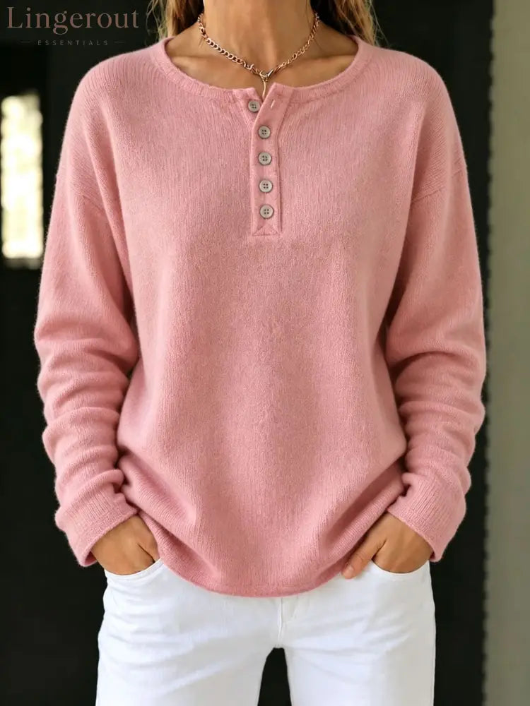 Relaxed Henley Knit Sweater - Pink / S