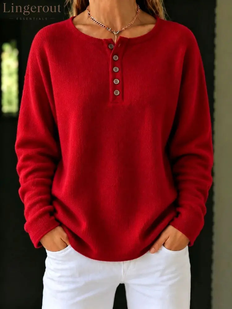Relaxed Henley Knit Sweater - Red / S