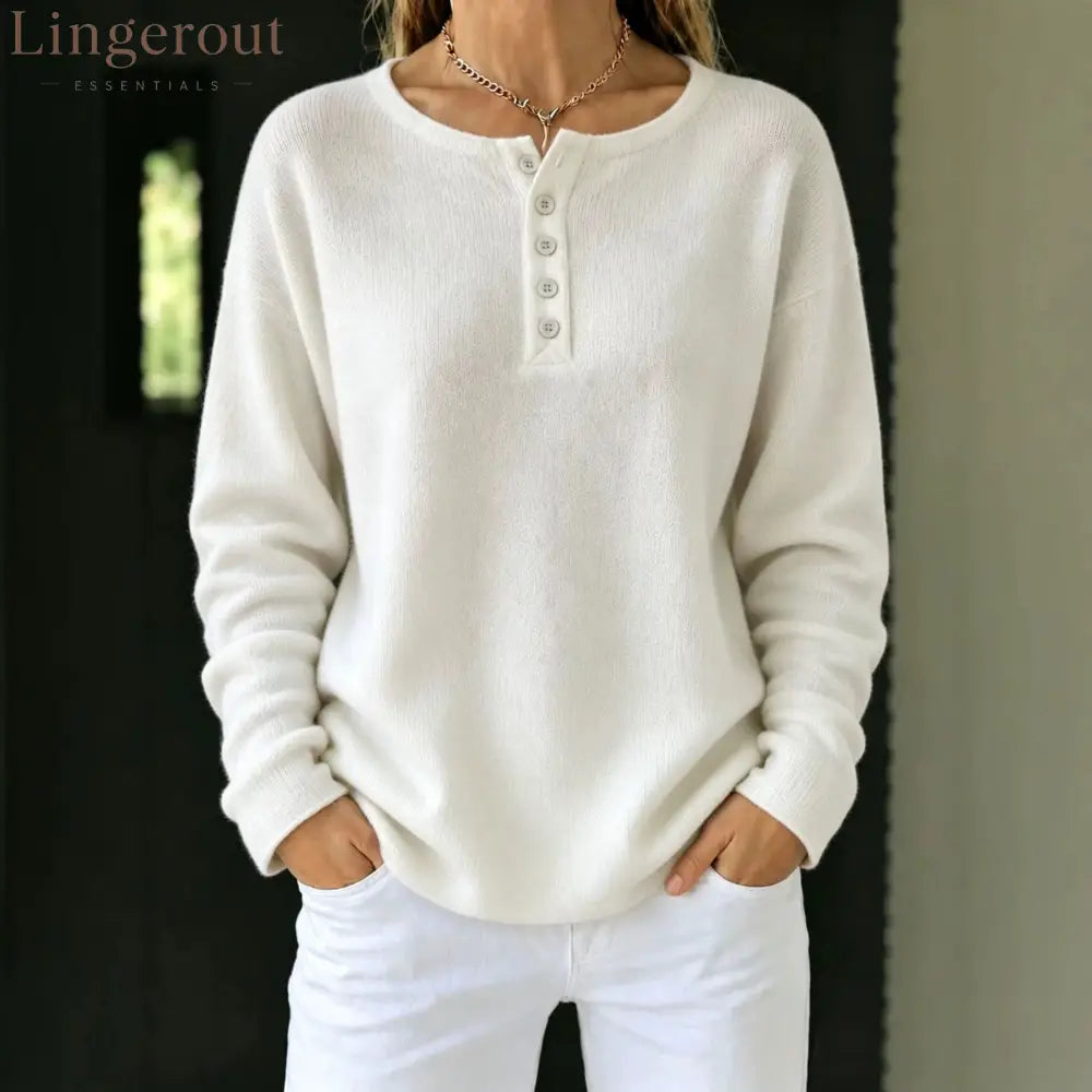 Relaxed Henley Knit Sweater - White / S