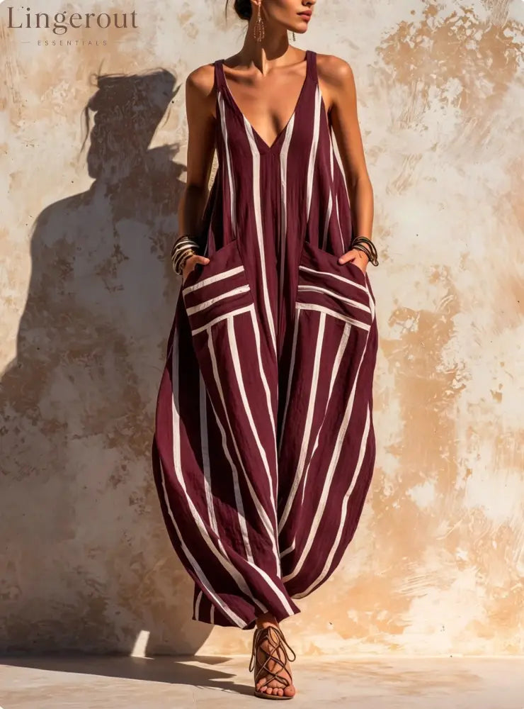 Relaxed Linen-Blend Jumpsuit - Burgundy / S
