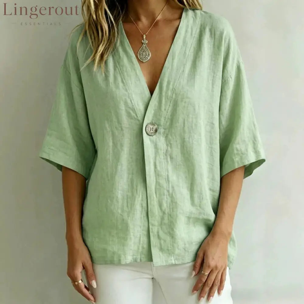 Relaxed Linen V-Neck Button-Front Shirt