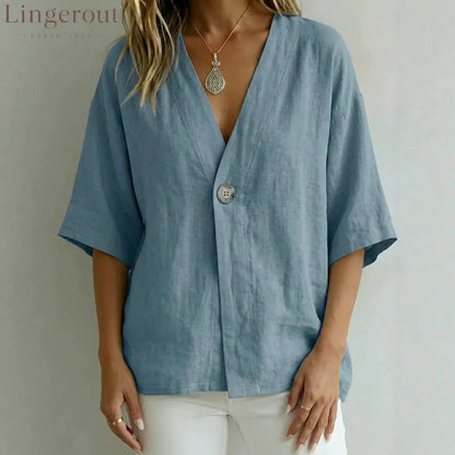 Relaxed Linen V-Neck Button-Front Shirt