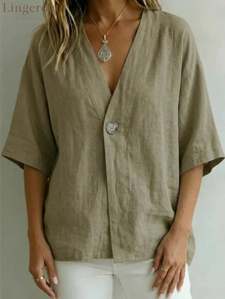 Relaxed Linen V-Neck Button-Front Shirt - Apricot / S