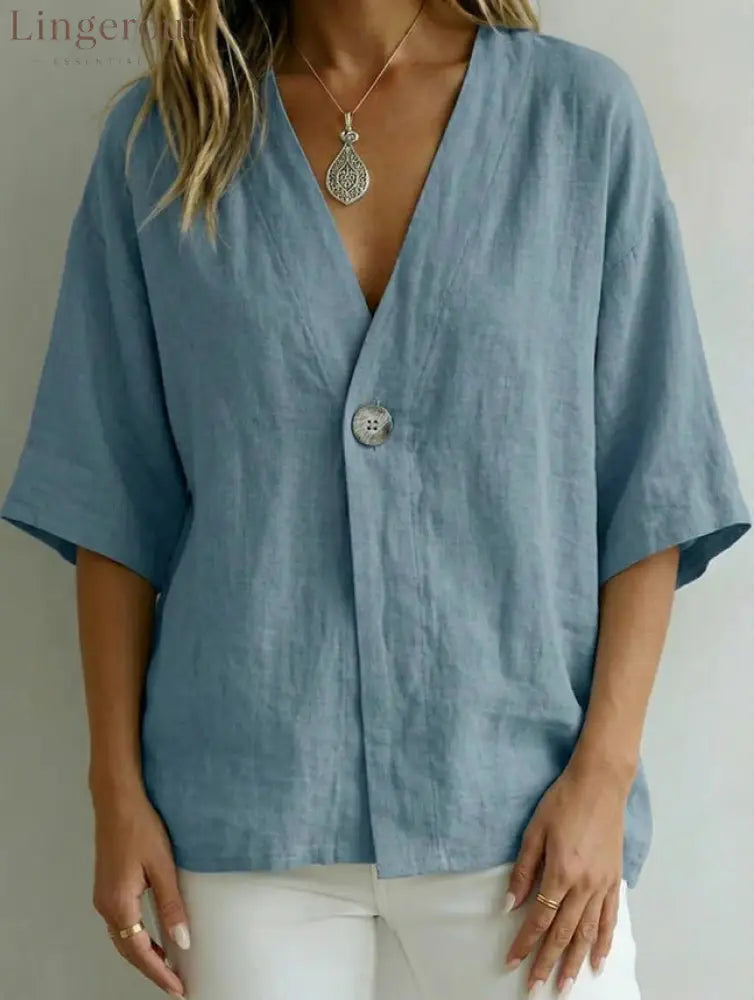 Relaxed Linen V-Neck Button-Front Shirt - Blue / S