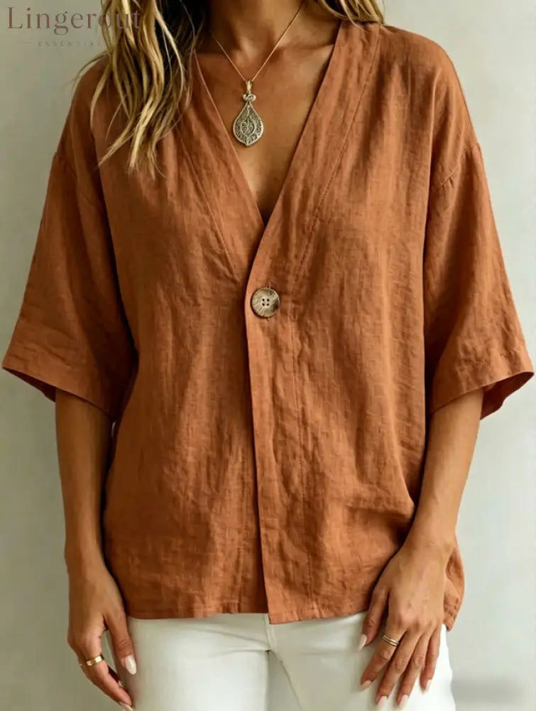 Relaxed Linen V-Neck Button-Front Shirt - Brown / S