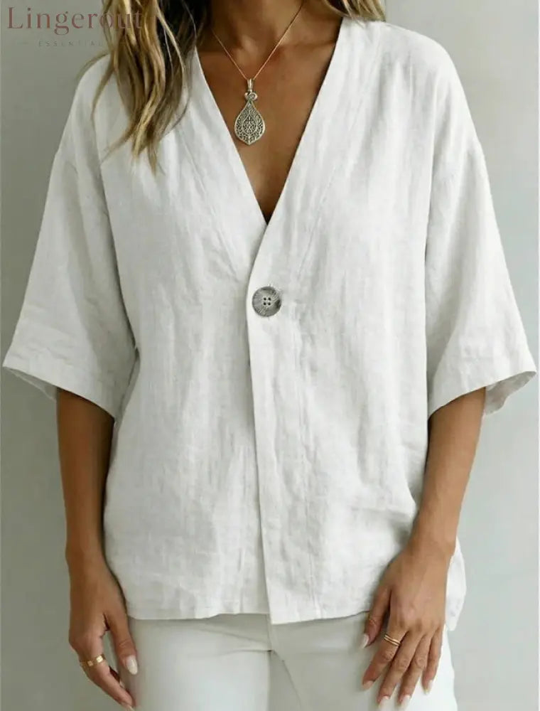 Relaxed Linen V-Neck Button-Front Shirt - White / S