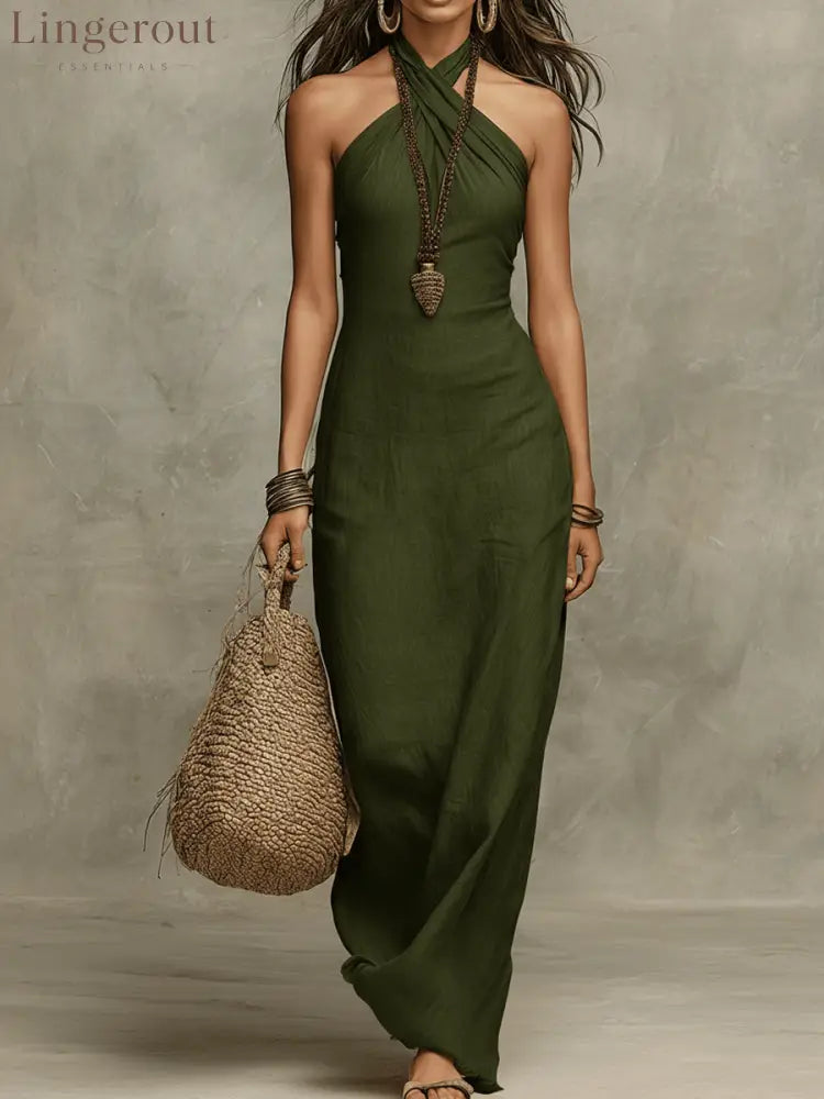 Relaxed Soft Drape Halter Column Linen Halter Maxi Dress - Green / XS