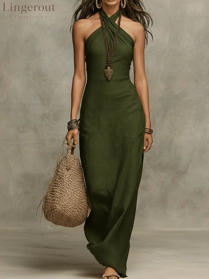 Relaxed Soft Drape Halter Column Linen Halter Maxi Dress - Green / XS