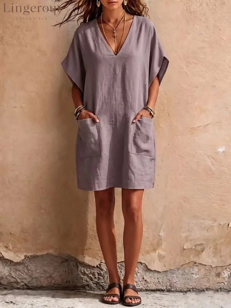 Relaxed V-Neck Linen Mini Dress with Pockets - Dusty Taupe / S