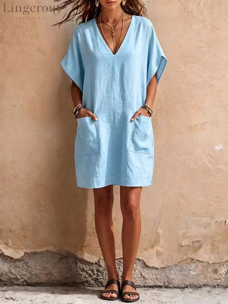 Relaxed V-Neck Linen Mini Dress with Pockets - Light blue / S
