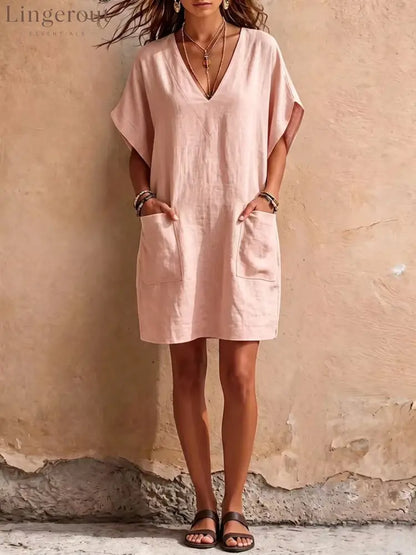 Relaxed V-Neck Linen Mini Dress with Pockets - Pink / S