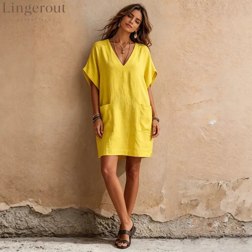 Relaxed V-Neck Linen Mini Dress with Pockets - Yellow / S