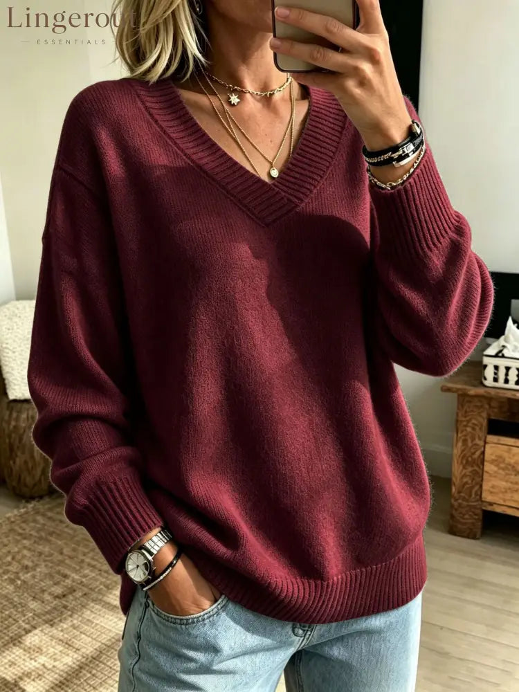 Relaxed V-Neck Long Sleeve Knit Sweater - Claret / S