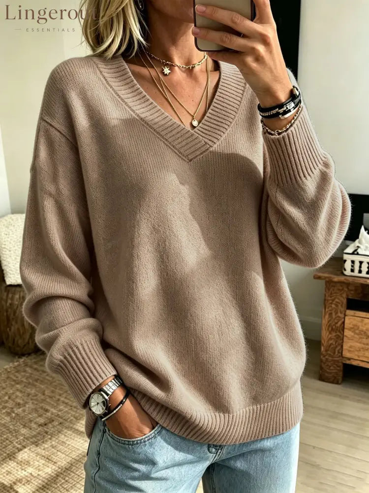 Relaxed V-Neck Long Sleeve Knit Sweater - Khaki / S