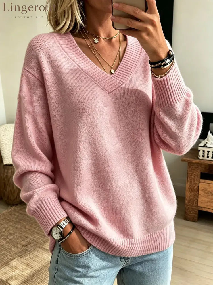 Relaxed V-Neck Long Sleeve Knit Sweater - Pink / S