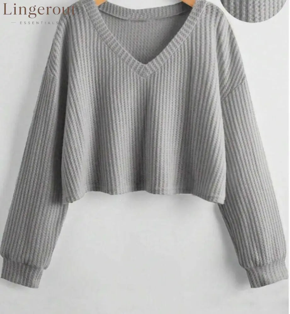 Relaxed V-Neck Ribbed Crop Top - Grey / XL