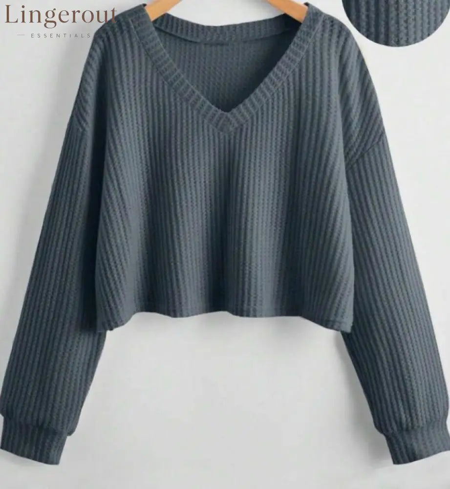 Relaxed V-Neck Ribbed Crop Top - Navy blue / S