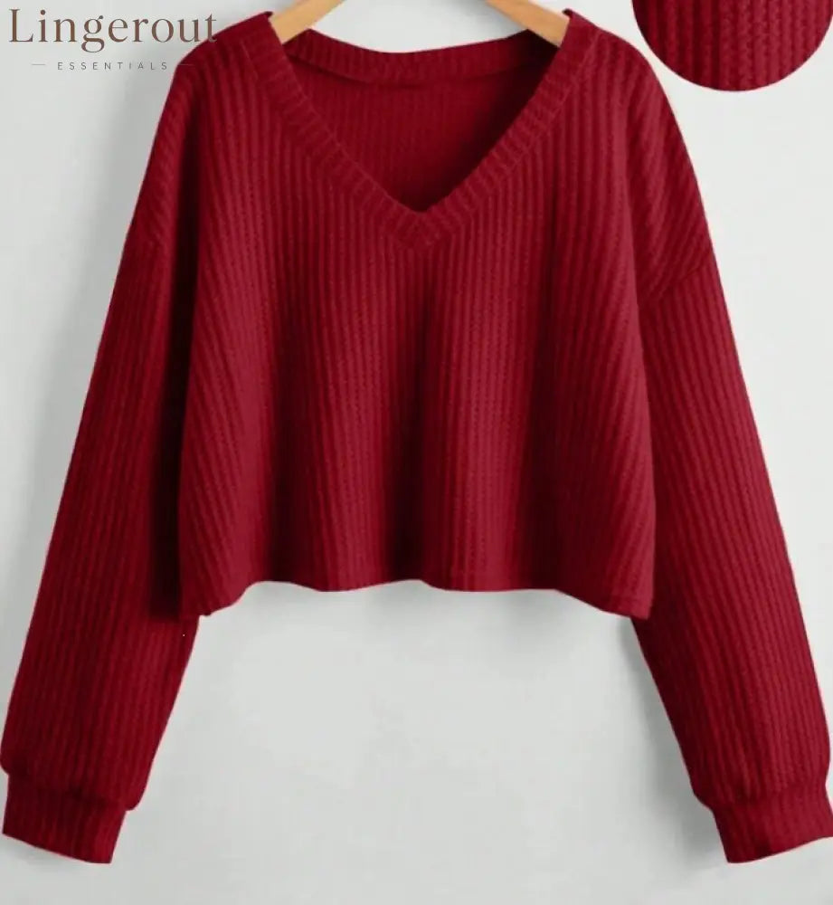 Relaxed V-Neck Ribbed Crop Top - Red / 2XL