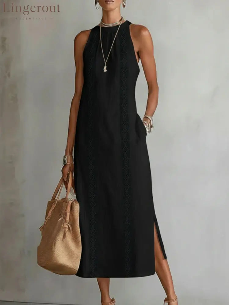 🌿 Retro Cozy Lace Minimalist Linen Dress - Black / S