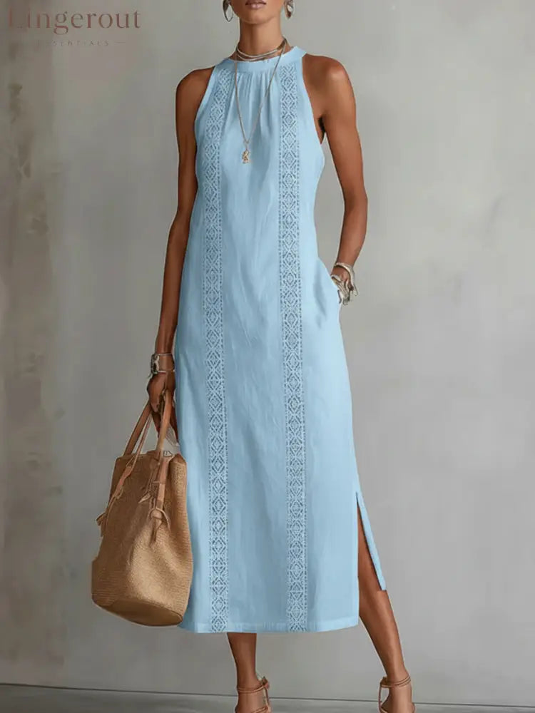 🌿 Retro Cozy Lace Minimalist Linen Dress - Blue / S