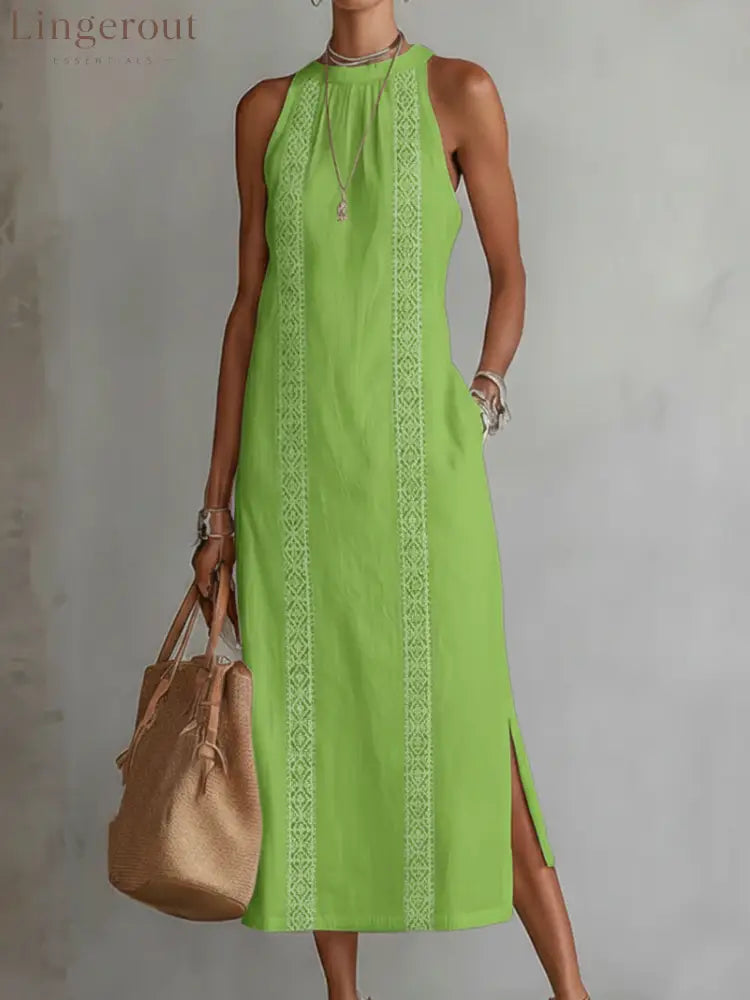🌿 Retro Cozy Lace Minimalist Linen Dress - Green / S