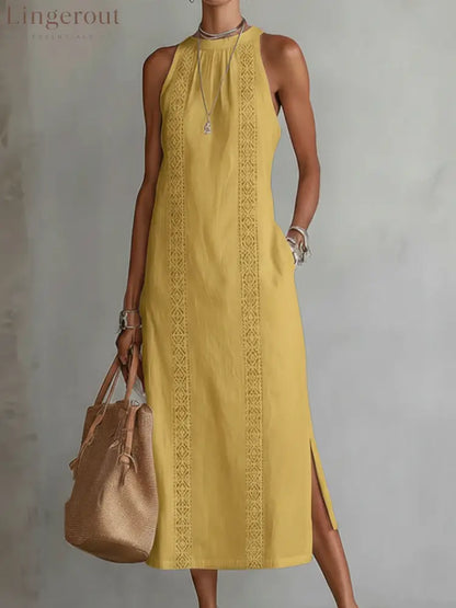 🌿 Retro Cozy Lace Minimalist Linen Dress - Yellow / S