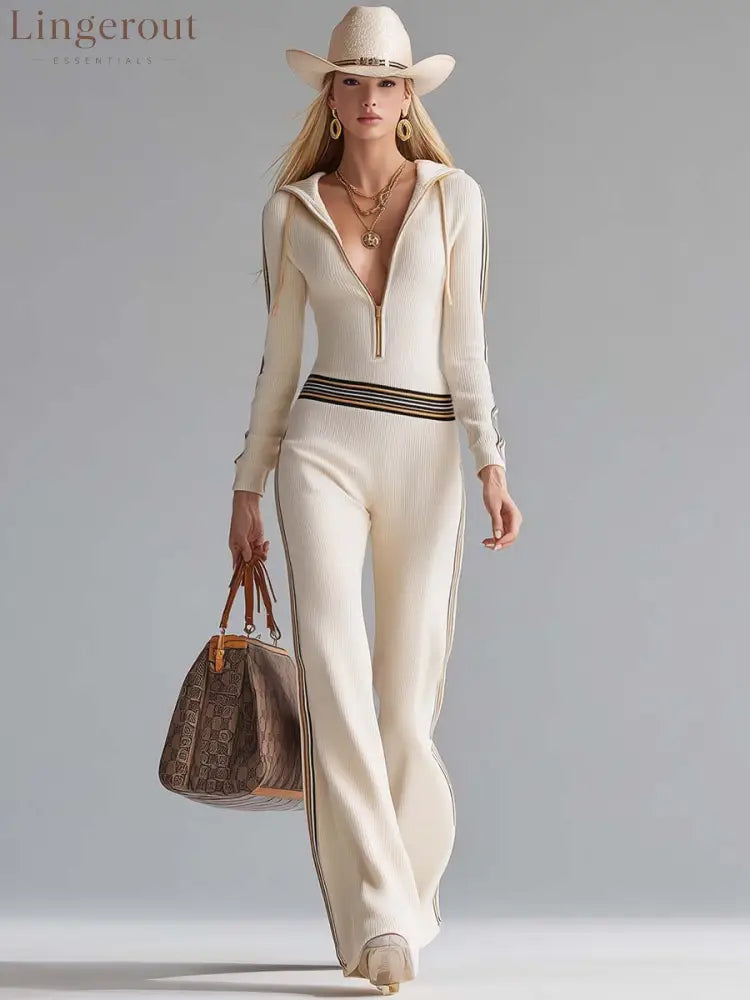 Retro Fashion Sports Hooded V-neck Front Zipper Off-white Knitted Jumpsuit