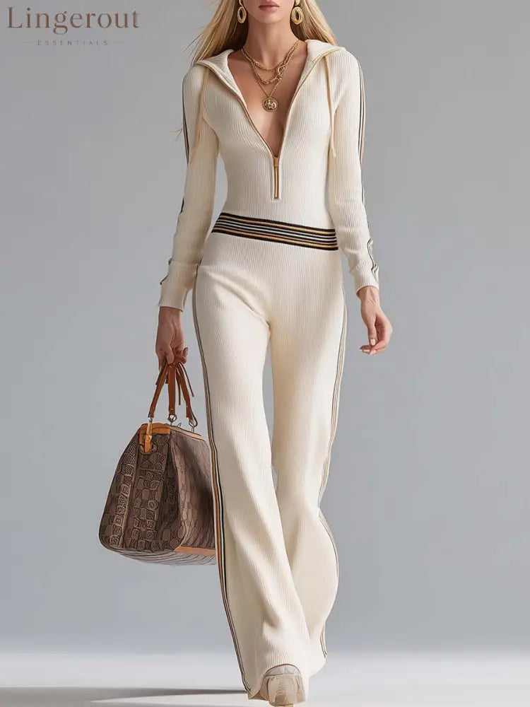 Retro Fashion Sports Hooded V-neck Front Zipper Off-white Knitted Jumpsuit - Off-white / S