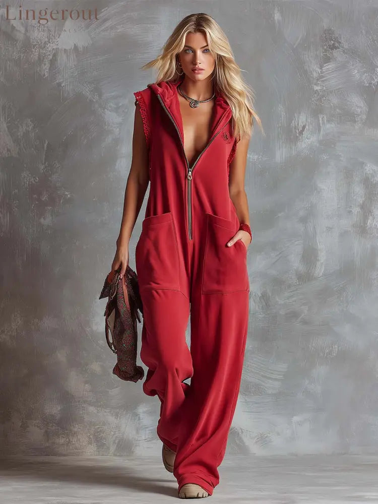 Retro Fashiona Sporty Hooded V-neck Front Zipper Raspberry Red Cotton Jumpsuit
