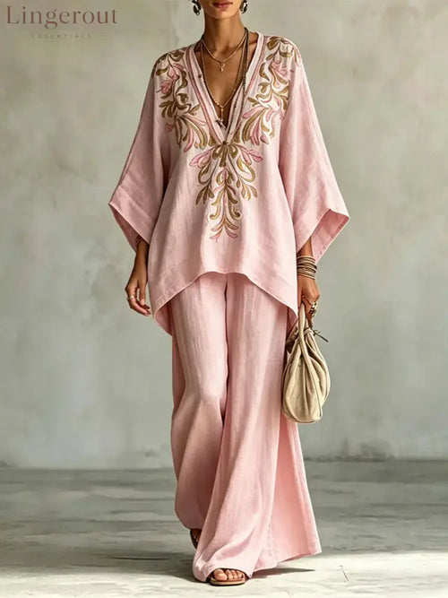 Retro Floral Print Cotton-linen Two-piece Set - Pink / S