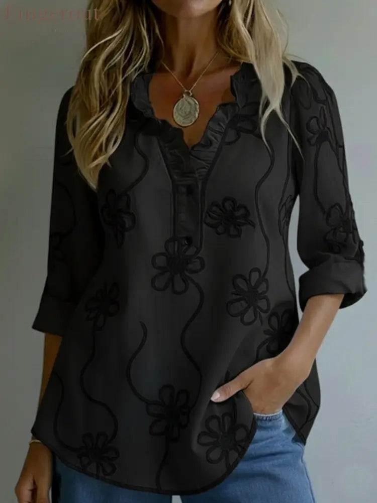 Retro Romantic Ruffled Collar Floral Shirt - Black / S