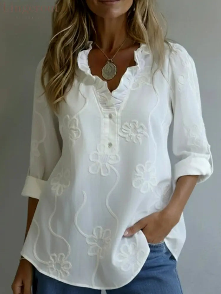 Retro Romantic Ruffled Collar Floral Shirt - White / S