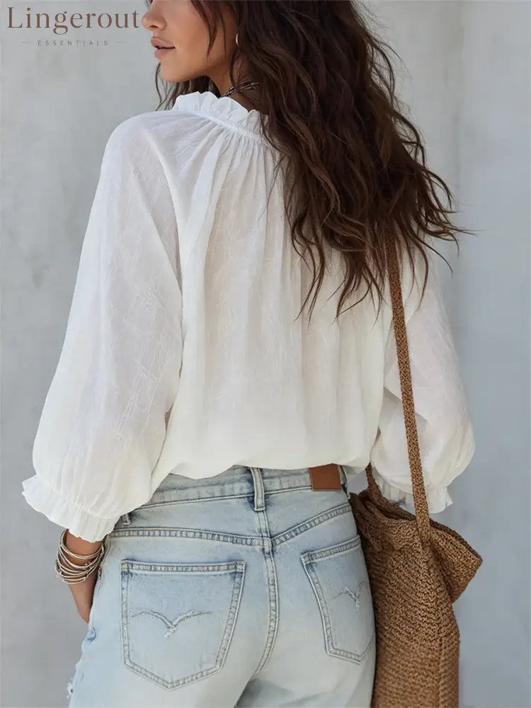 Retro Ruffled V-neck Tie-front Blouse