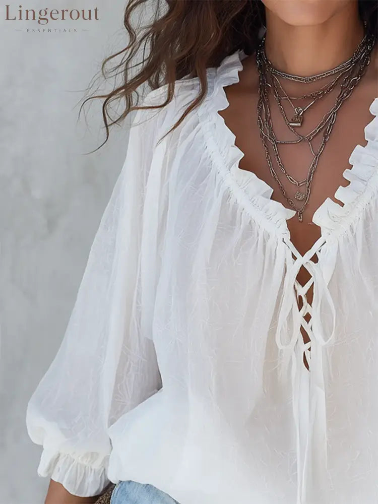 Retro Ruffled V-neck Tie-front Blouse