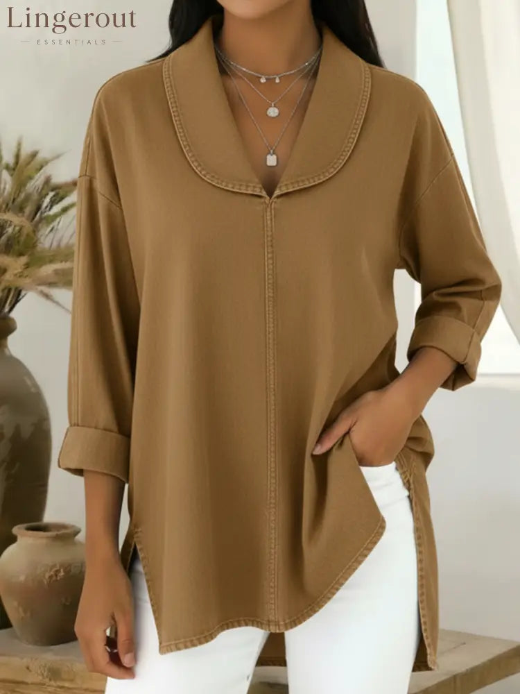 Retro Shawl Collar Denim Cotton Top - Khaki / S