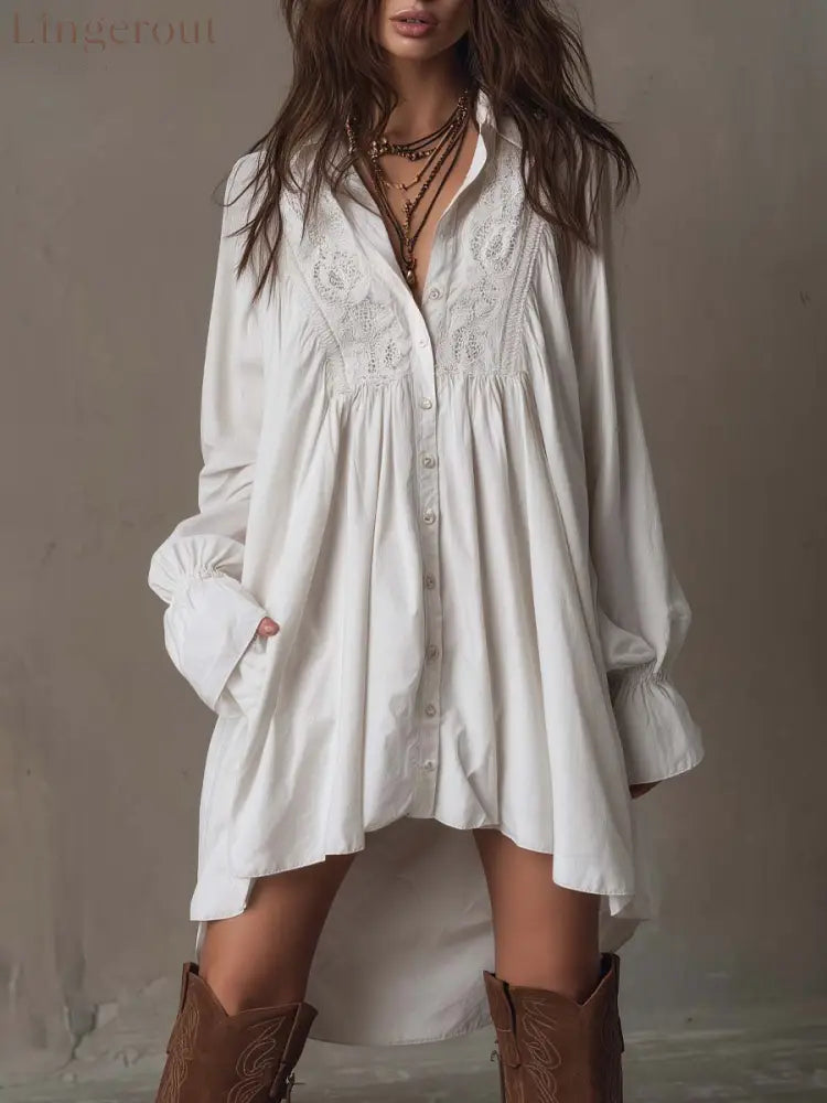 Retro-style Lace Irregular Hem Long-sleeved Mini Dress - White / XS