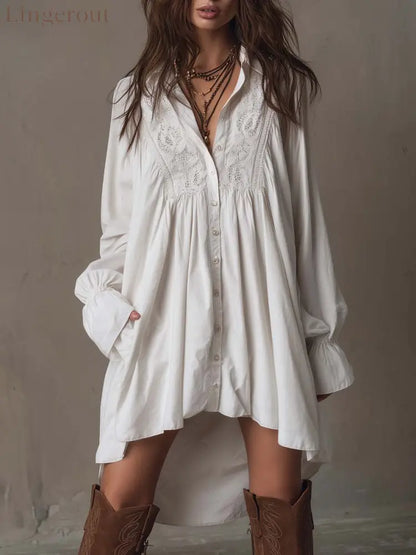Retro-style Lace Irregular Hem Long-sleeved Mini Dress - White / XS