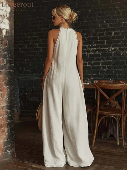 Retro Urban Bohemian V-neck Lace Trim Sleeveless Off-white Cotton Jumpsuit