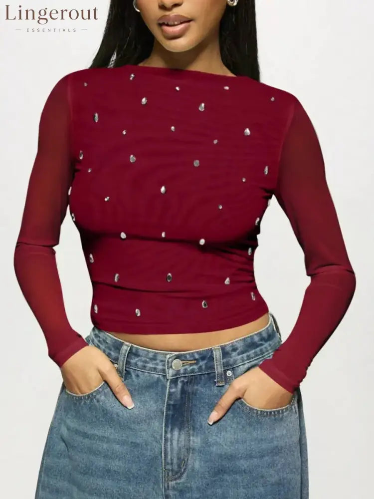 Rhinestone Embellished Long Sleeve T-Shirt - Burgundy / M