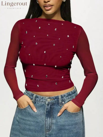 Rhinestone Embellished Long Sleeve T-Shirt - Burgundy / M