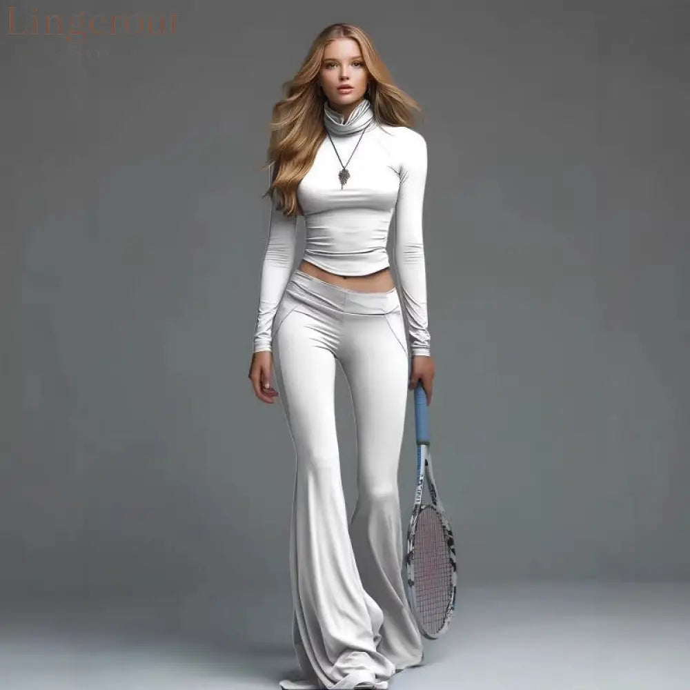 Rib Turtleneck Crop Long Sleeve Top & High Waist Flare Leg Pant 2 Piece Sporty Co-Ord Set
