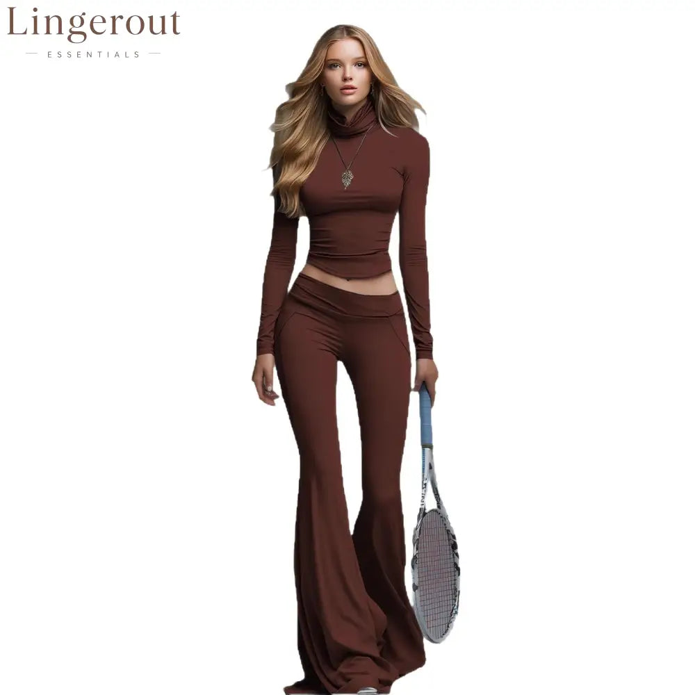 Rib Turtleneck Crop Long Sleeve Top & High Waist Flare Leg Pant 2 Piece Sporty Co-Ord Set