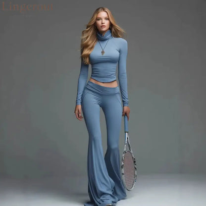 Rib Turtleneck Crop Long Sleeve Top & High Waist Flare Leg Pant 2 Piece Sporty Co-Ord Set