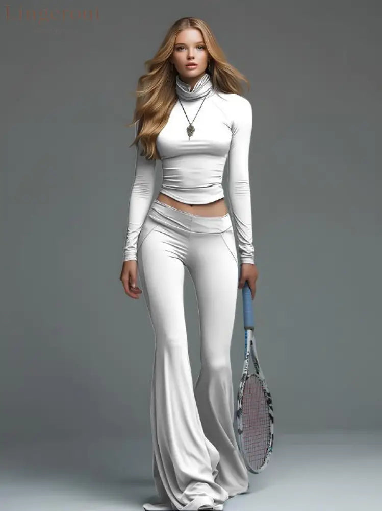 Rib Turtleneck Crop Long Sleeve Top & High Waist Flare Leg Pant 2 Piece Sporty Co-Ord Set - White / S
