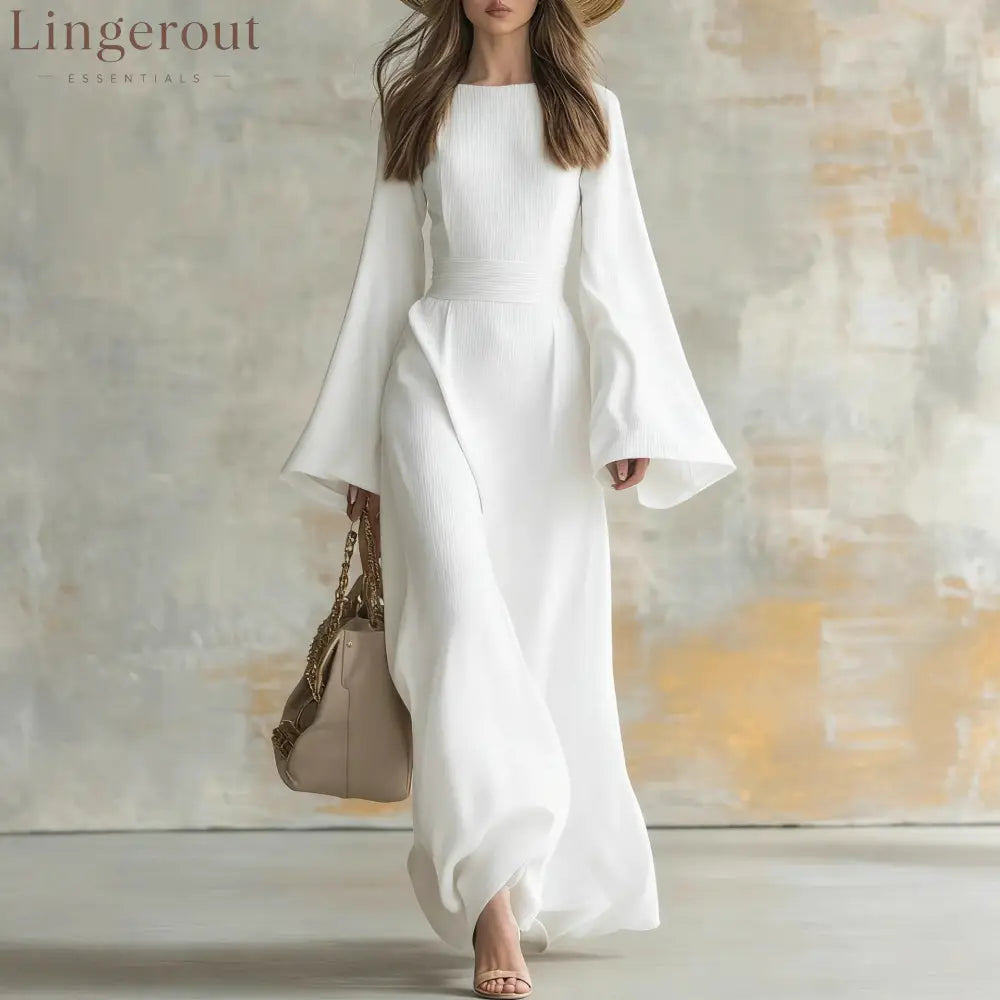 Ribbed Boat Neck Flare Sleeve Fitted Wrap Maxi Dress