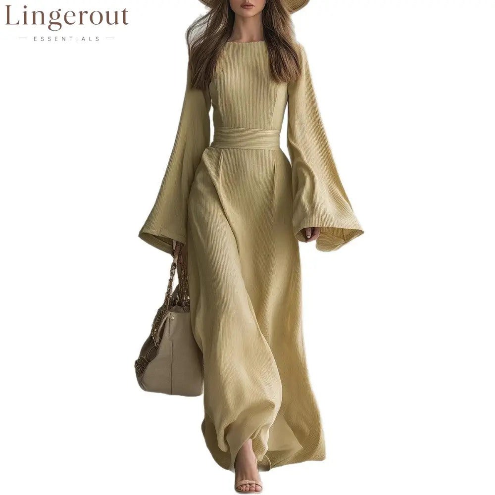 Ribbed Boat Neck Flare Sleeve Fitted Wrap Maxi Dress