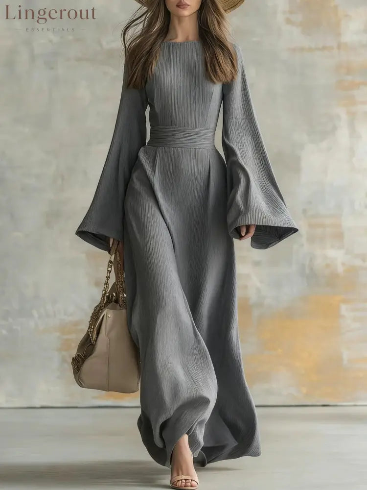 Ribbed Boat Neck Flare Sleeve Fitted Wrap Maxi Dress - Grey / S