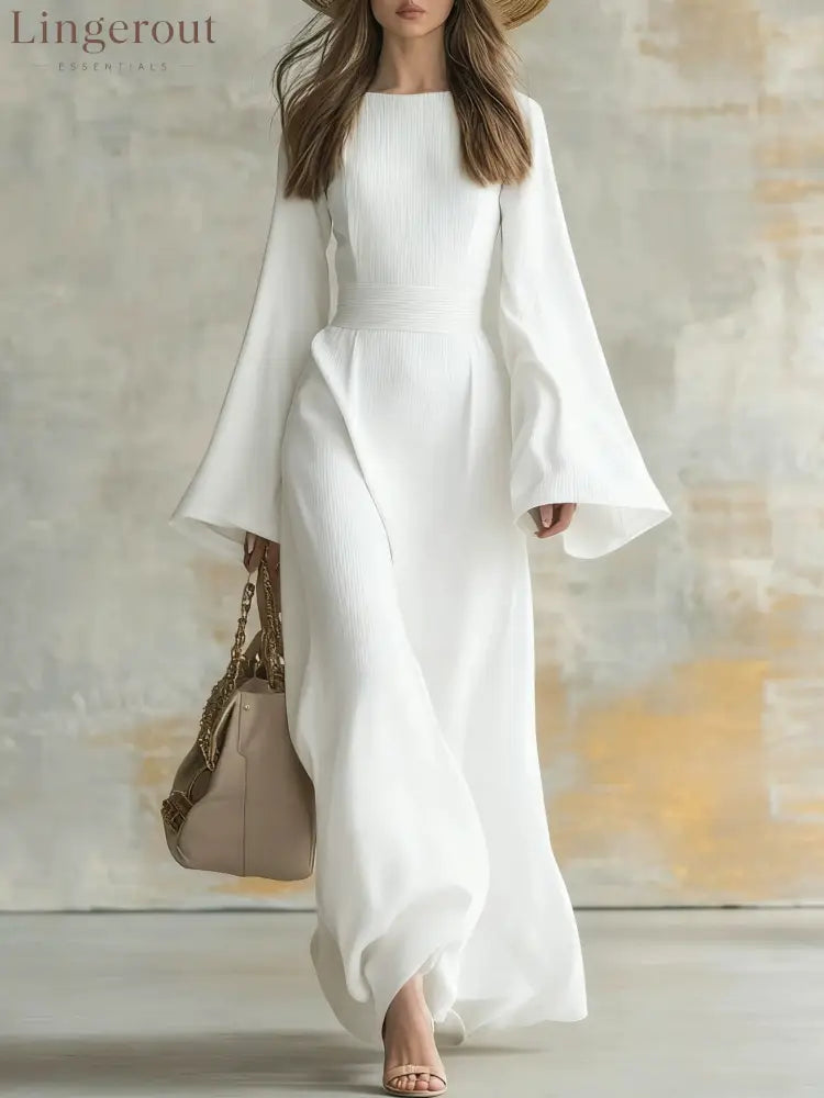Ribbed Boat Neck Flare Sleeve Fitted Wrap Maxi Dress - White / S
