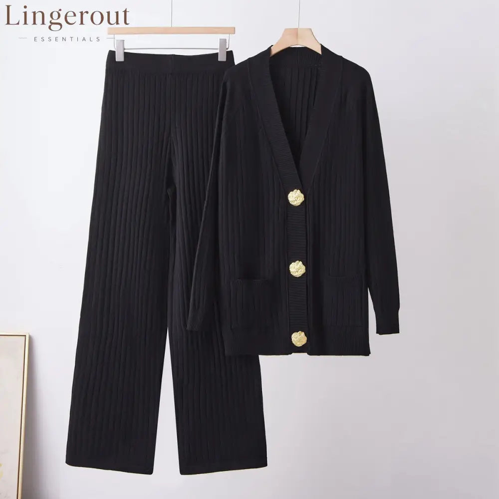 Ribbed Knit Cardigan & Wide-Leg Pants Set