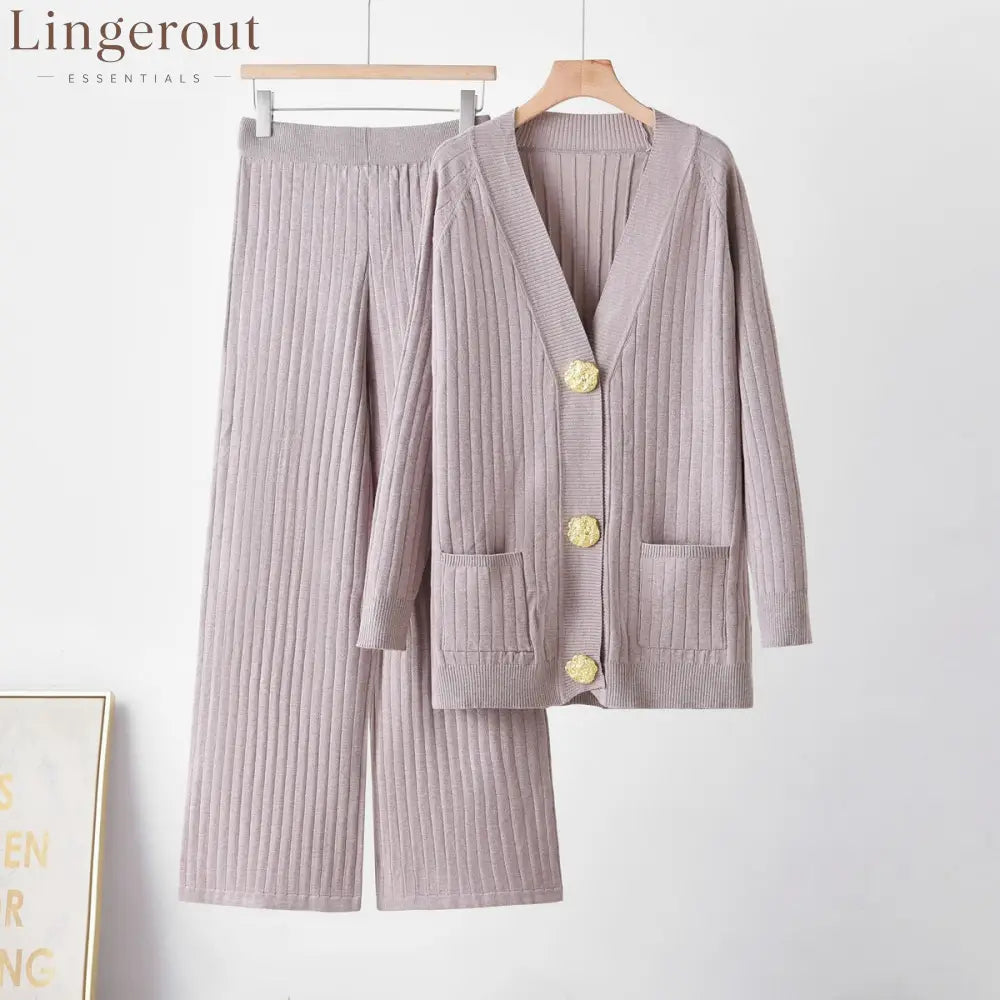 Ribbed Knit Cardigan & Wide-Leg Pants Set